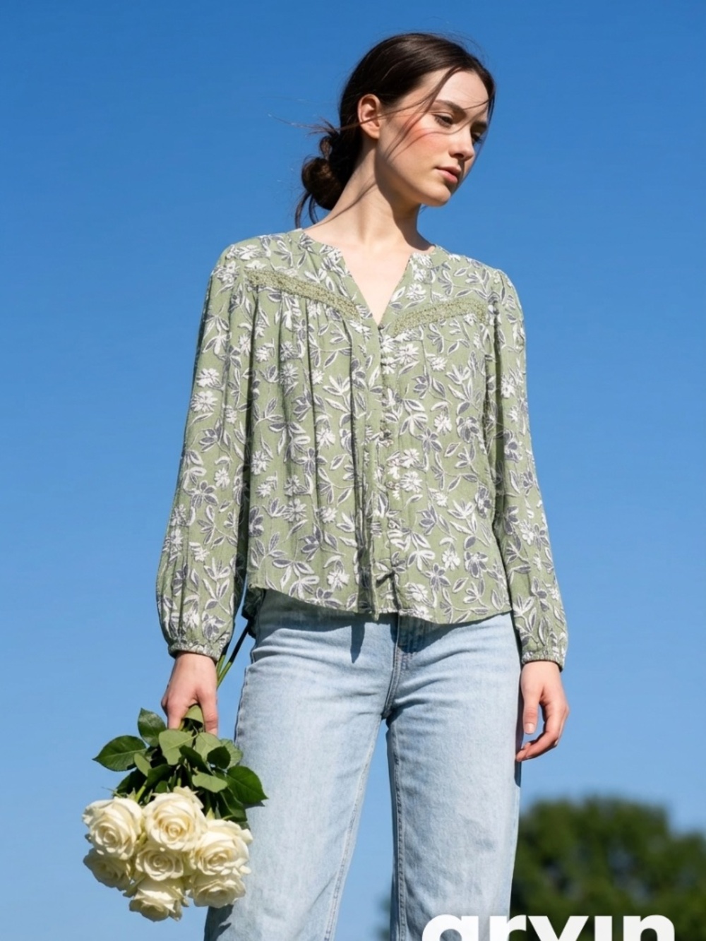 Zac & Rachel olive green long-sleeve button-down peasant blouse floral Sz. L